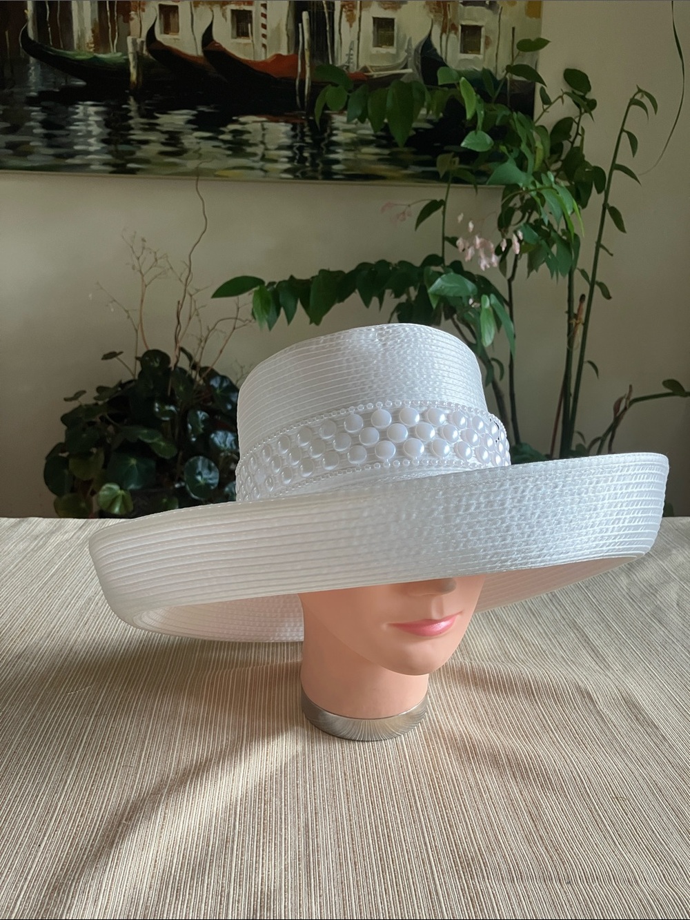 Women's White Satin Ribbon Wide-Brim Dress Hat with Pearl Band
